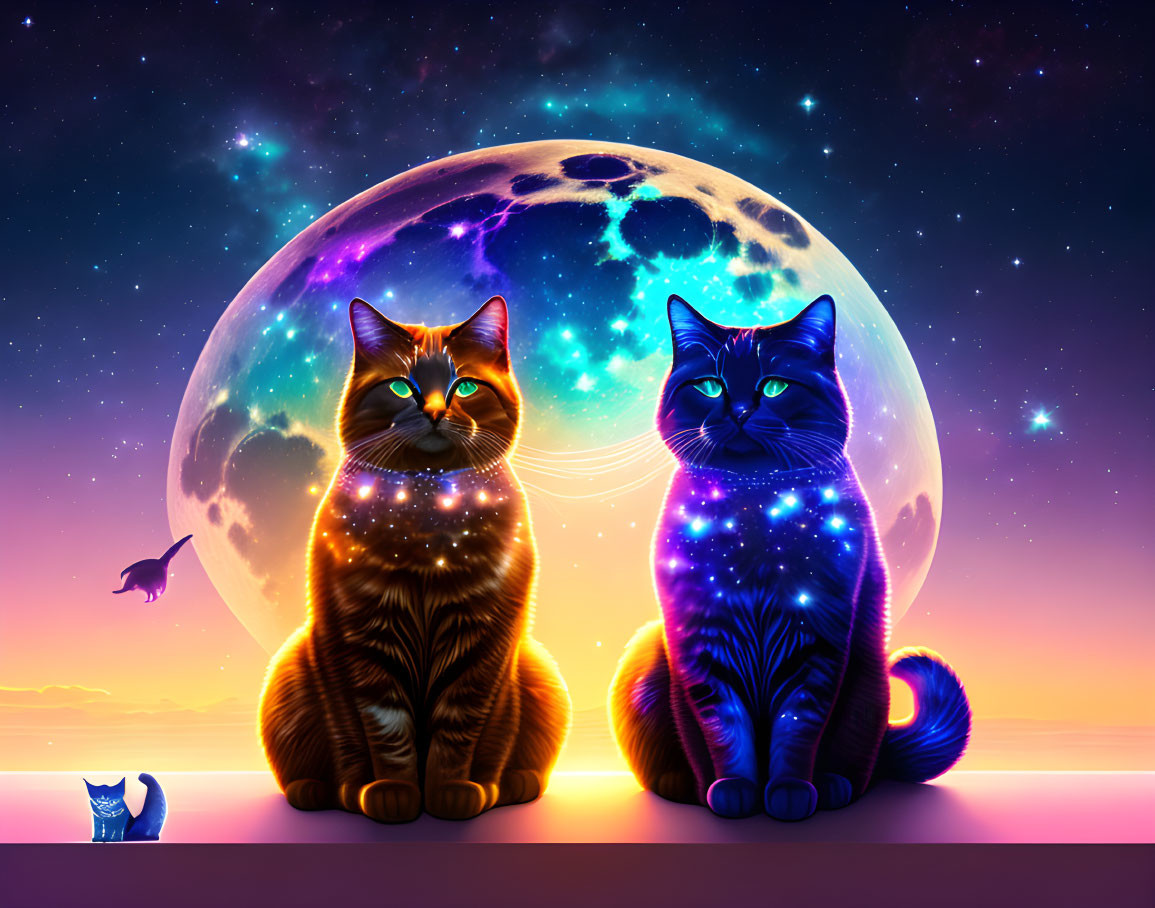 Vibrant cosmic-patterned cats under full moon and twilight sky