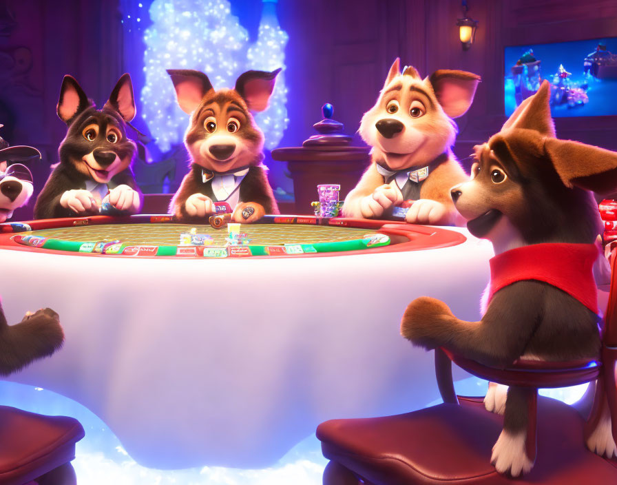 Illustration of dogs playing poker at casino table in ambient lit room