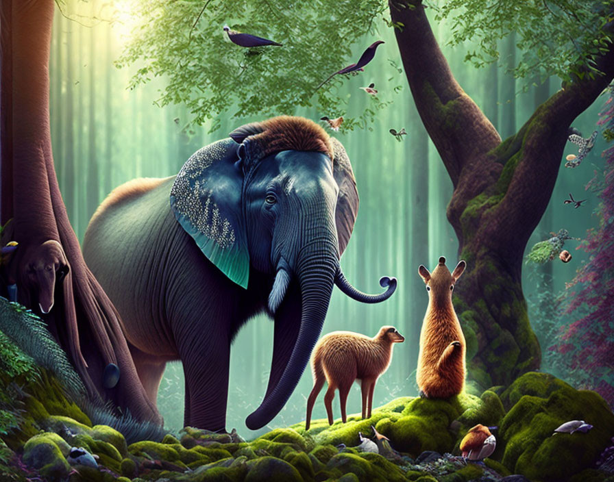 Enchanting forest with elephant, birds, kangaroo, and deer in vibrant setting