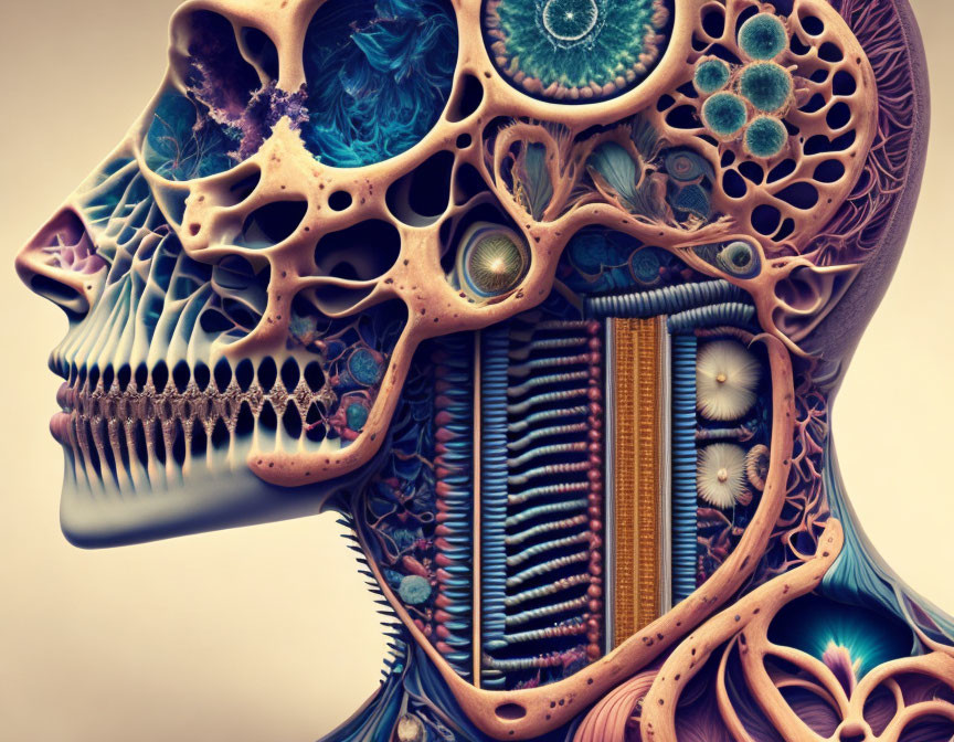 Detailed Human Head Cutaway with Anatomical, Floral, and Mechanical Patterns
