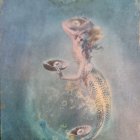 Illustrated Mermaid with Glittering Tail and Sea Life in Underwater Scene