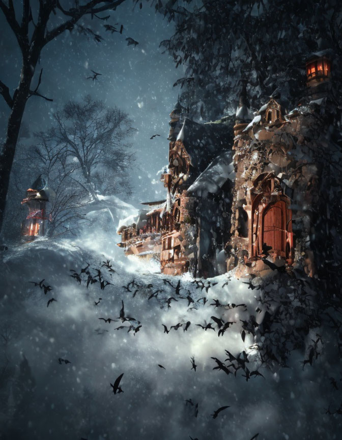 Snowy stone cottage with red door in twilight snowfall surrounded by trees and birds