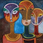Four Stylized Faces in Abstract Painting with Vivid Colors
