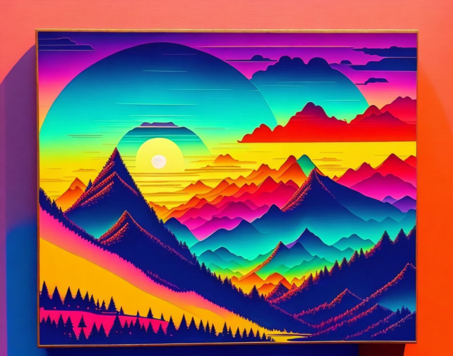Colorful digital artwork of layered mountains at sunrise or sunset