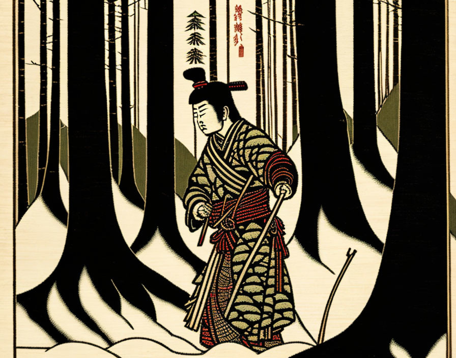 Traditional Japanese Woodblock Print: Woman in Kimono Among Bamboo Trees