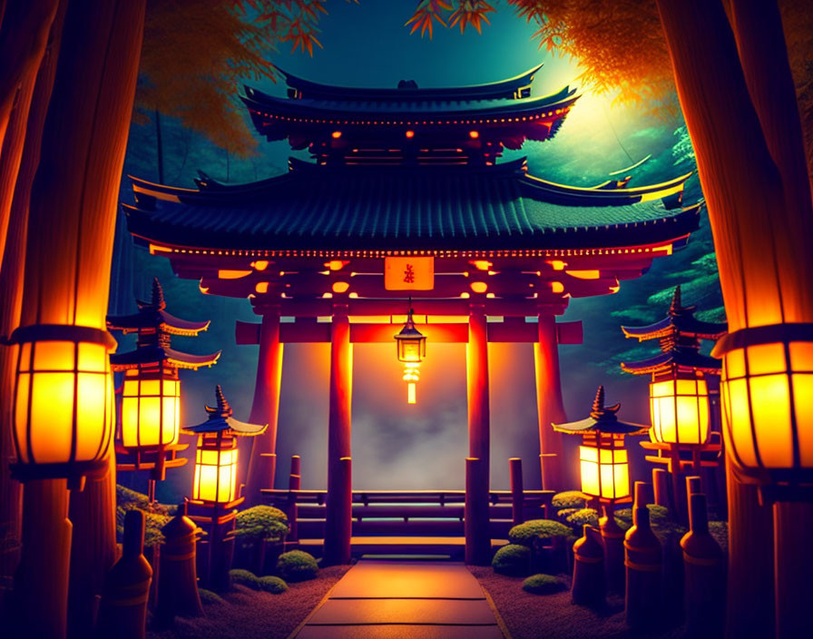 Japanese Shrine Night Scene with Lanterns and Torii Gate