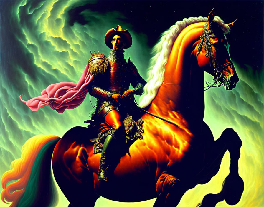 Character in Golden Armor Riding Fiery Horse in Green Nebula