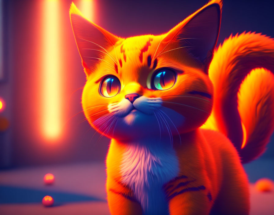 Stylized cartoon cat with green eyes in orange setting