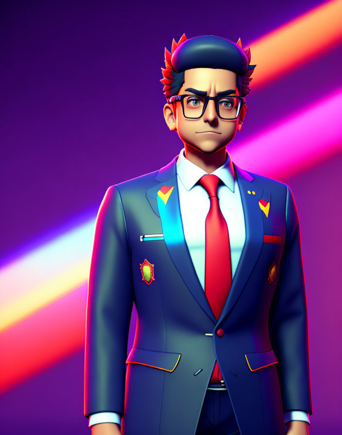 Male character with red hair, glasses, blue suit, badges on purple neon background