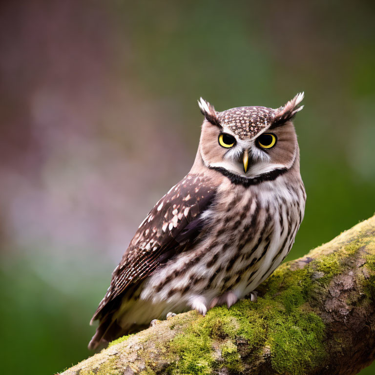 Owl perched on mossy branch with yellow eyes