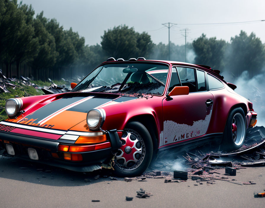 Red Porsche 911 with white and orange racing stripes on asphalt road amid debris and smoke