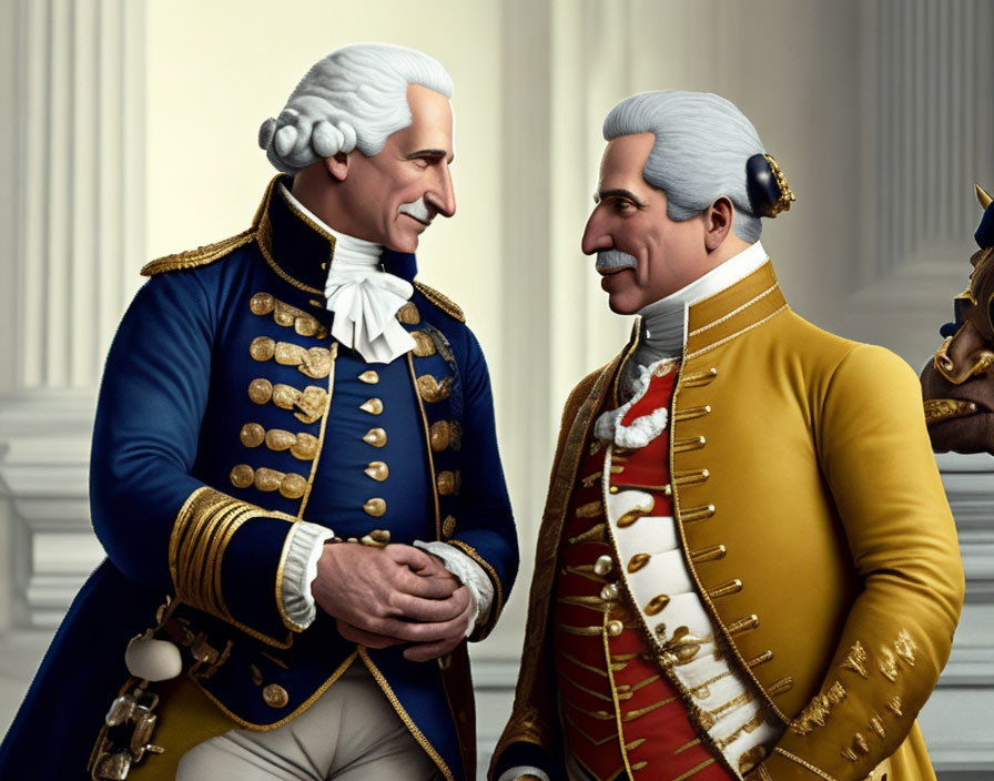 Animated male characters in historic military uniforms converse in grand building