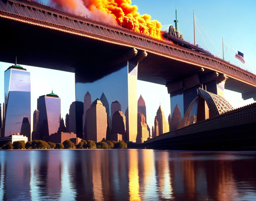 Bridge explosion over calm river with city skyline at sunset/sunrise