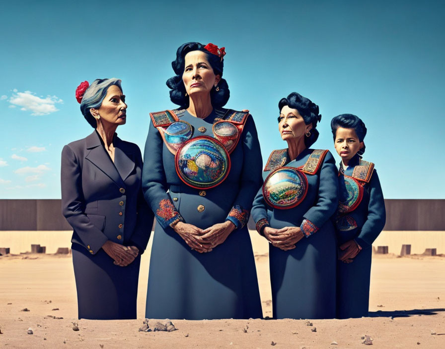 Four Women in Vintage Military-Inspired Attire with Globe Designs in Desert
