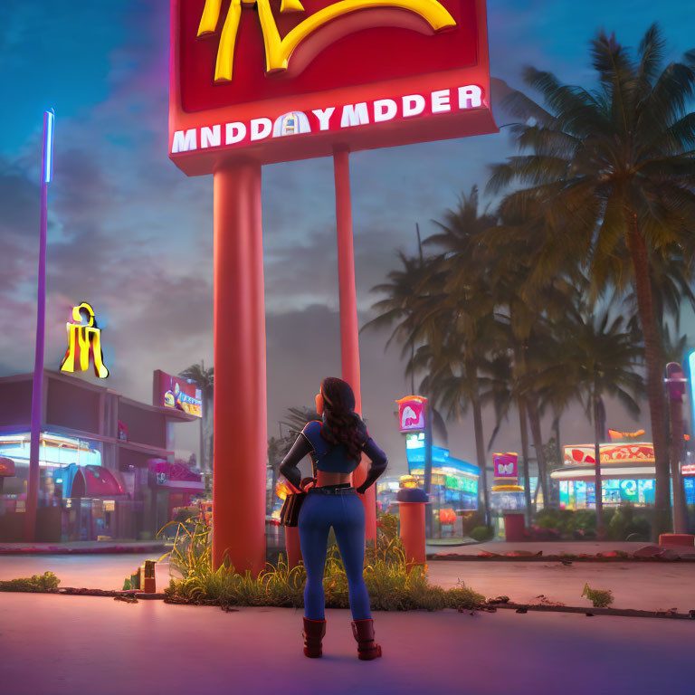 Person admires neon-lit retro eateries at dusk with palm trees under pink and purple sky