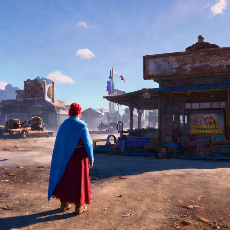 Character with red cape at deserted gas station under blue sky