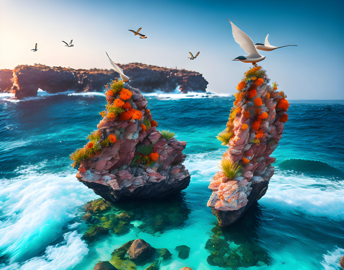 Colorful Flower-Covered Sea Stacks in Blue Waters