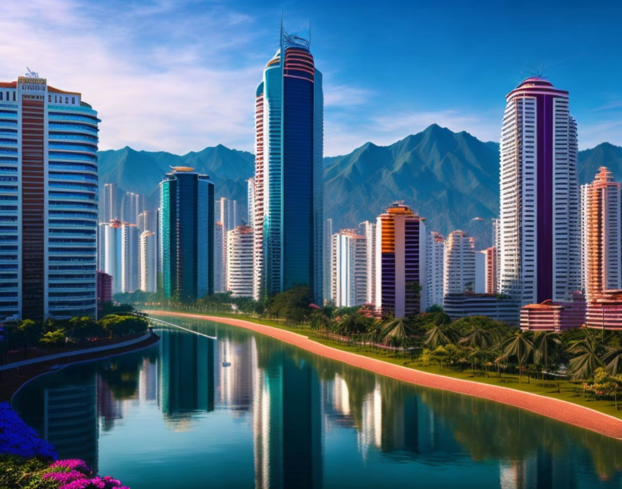 Modern skyscrapers contrast lush mountains in serene riverside view
