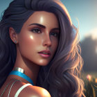 Digital illustration: Woman with long wavy hair, earrings, and blue strap against floral backdrop