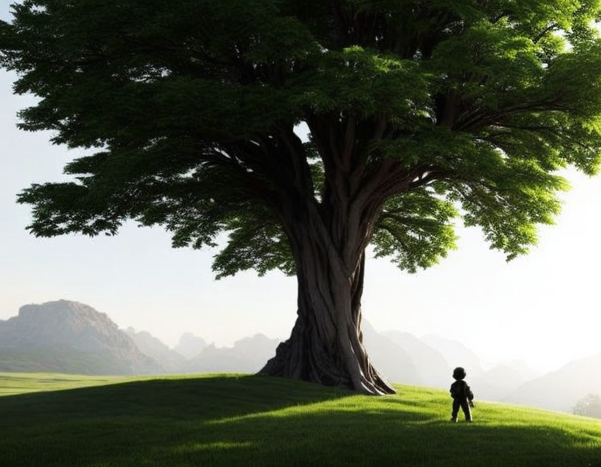 Person standing under large tree with rolling hills and distant mountains in soft sunlight
