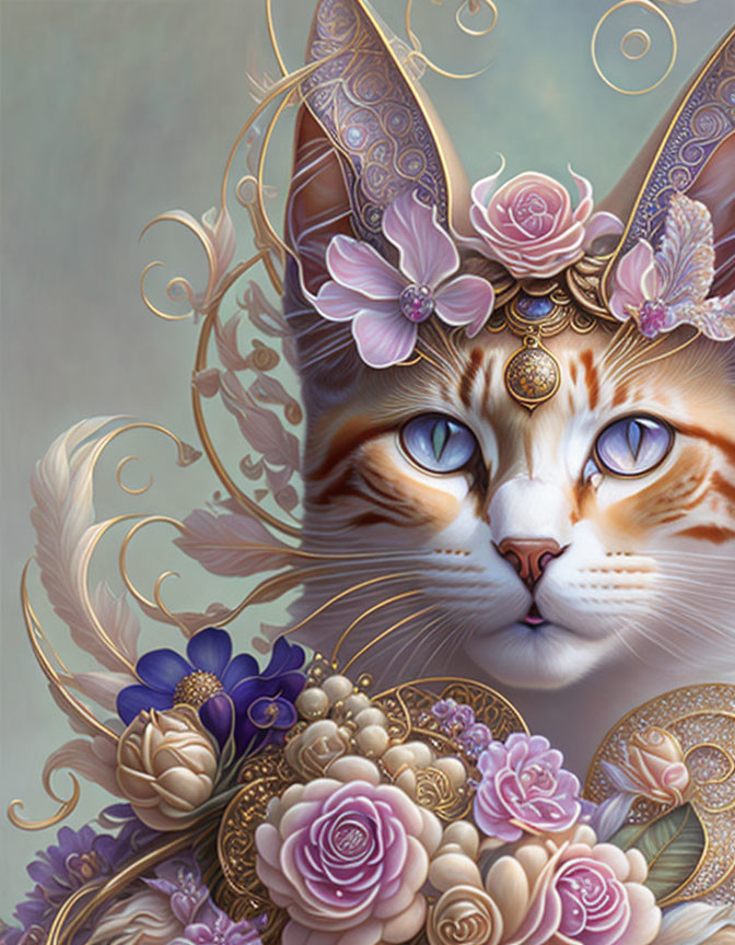 Ornate cat digital artwork with blue eyes, flowers, butterflies, and golden details
