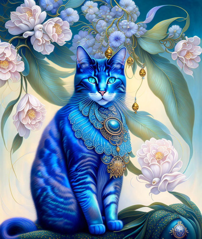 Colorful Illustration of Blue Cat with Golden Collar and Flowers