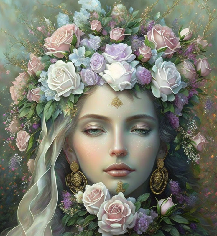 Ethereal woman with pastel flower crown and ornate earrings against floral backdrop