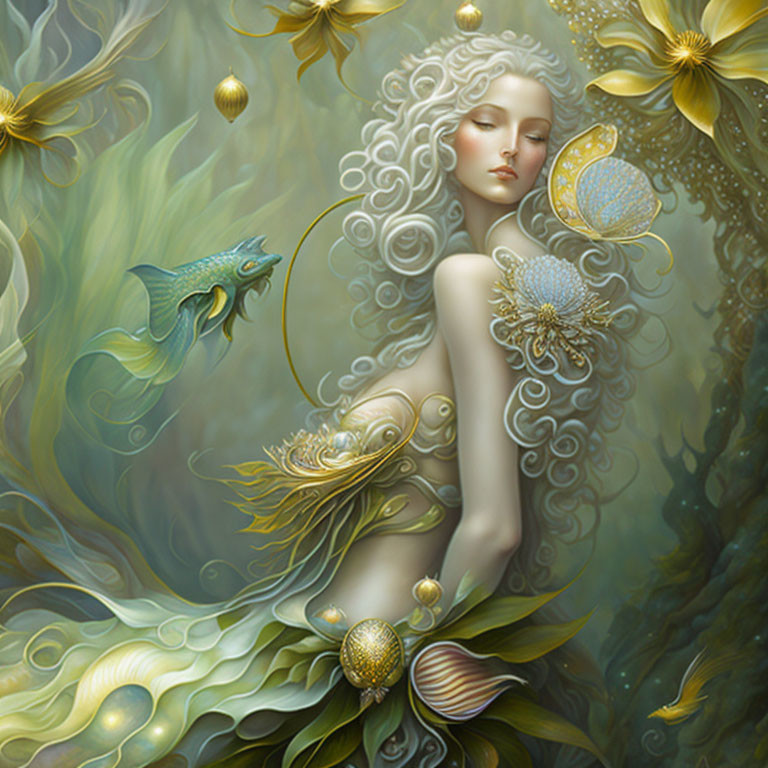 Ethereal underwater fantasy scene with nymph-like woman and golden aquatic flora and fauna