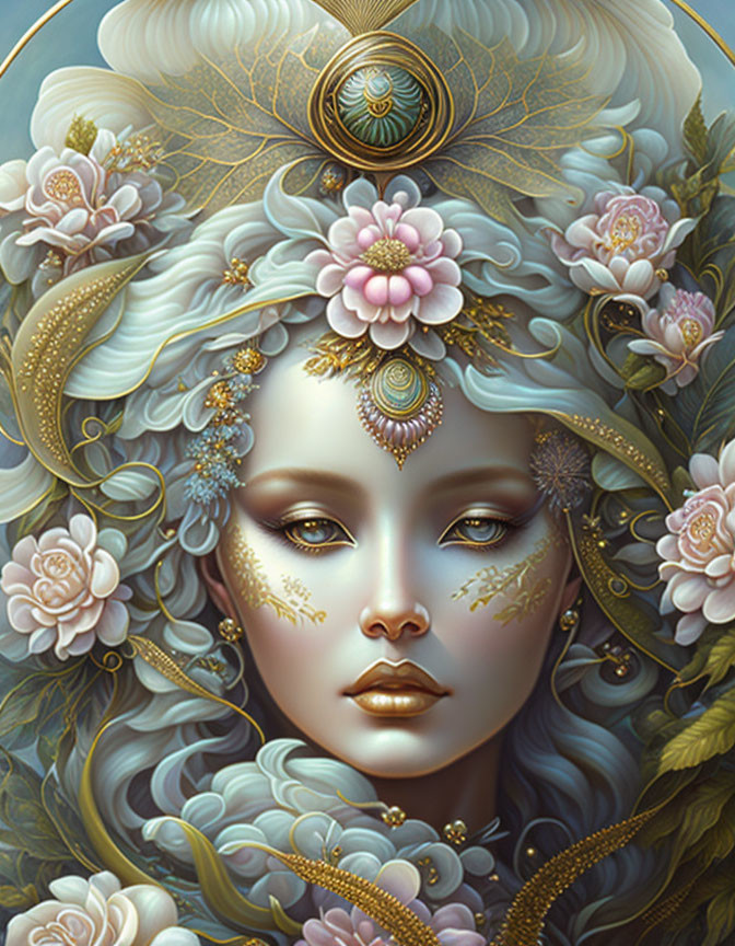 Detailed illustration of pale-skinned woman with gold accents in ornate peacock-themed setting.