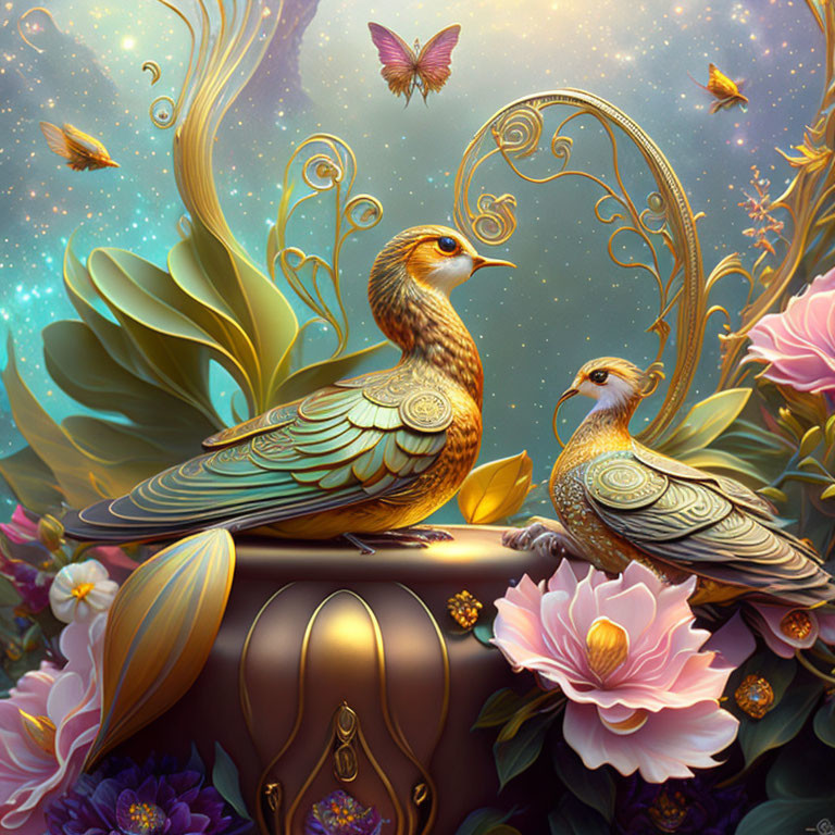Ornate mechanical birds among blooming flowers and butterflies on a luminous fantasy backdrop