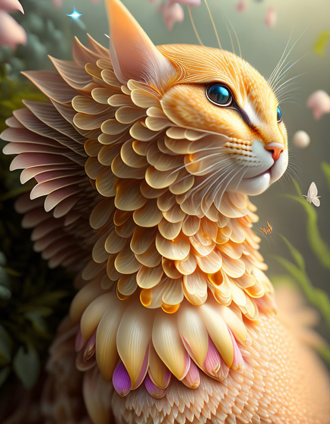 Fantastical orange creature with feline features and feather-like scales among flora.