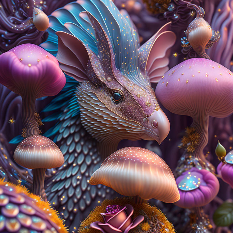 Mythical bird-dragon creature in vibrant mushroom and floral landscape