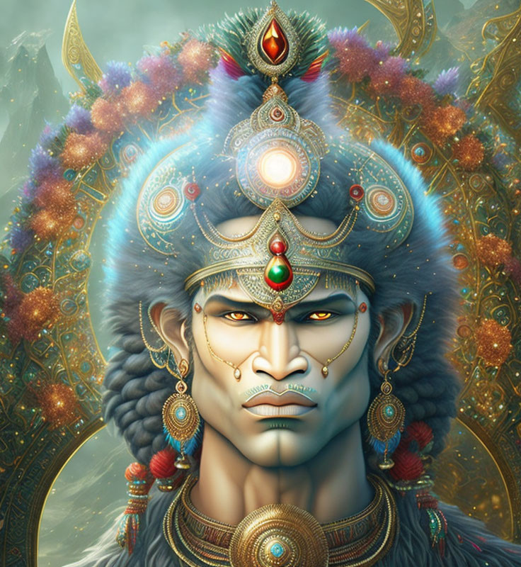 Mythological figure with blue skin and golden jewelry