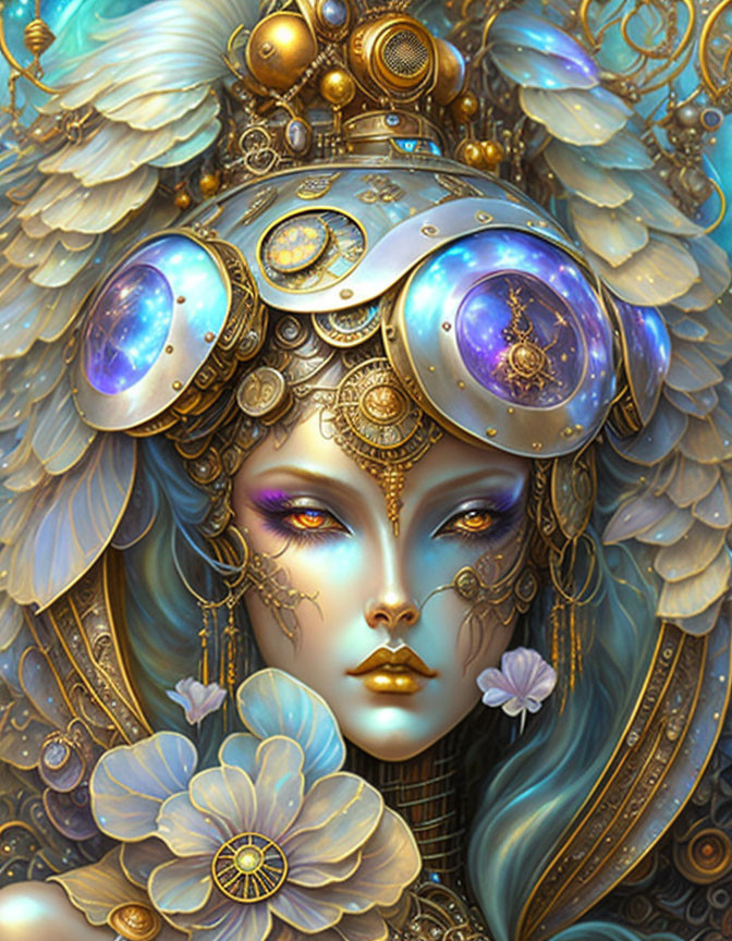 Fantastical portrait of woman with golden jewelry and celestial headgear surrounded by blue feathers and flowers