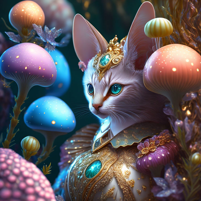 Regal cat with crown and armor among pink and blue mushrooms