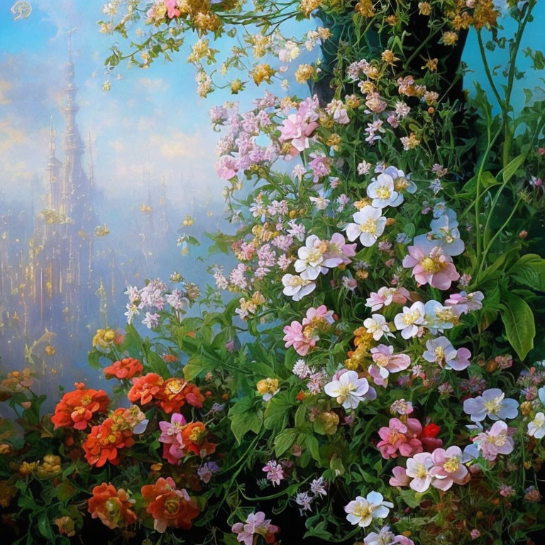 Colorful flowers with misty castle backdrop