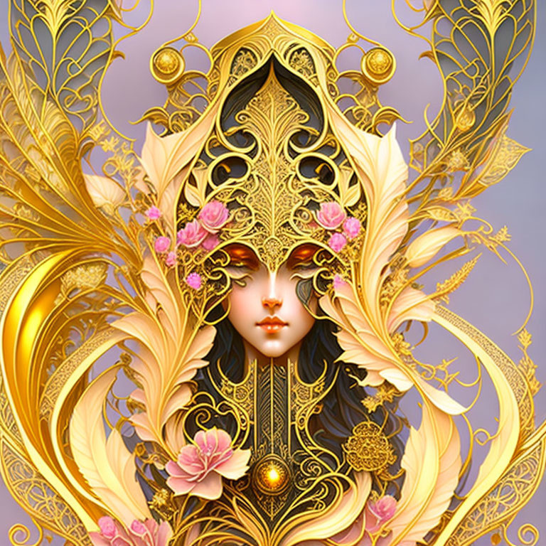 Illustrated character with golden mask and pink flowers on purple backdrop