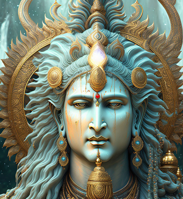Blue-skinned deity with golden headgear in celestial setting