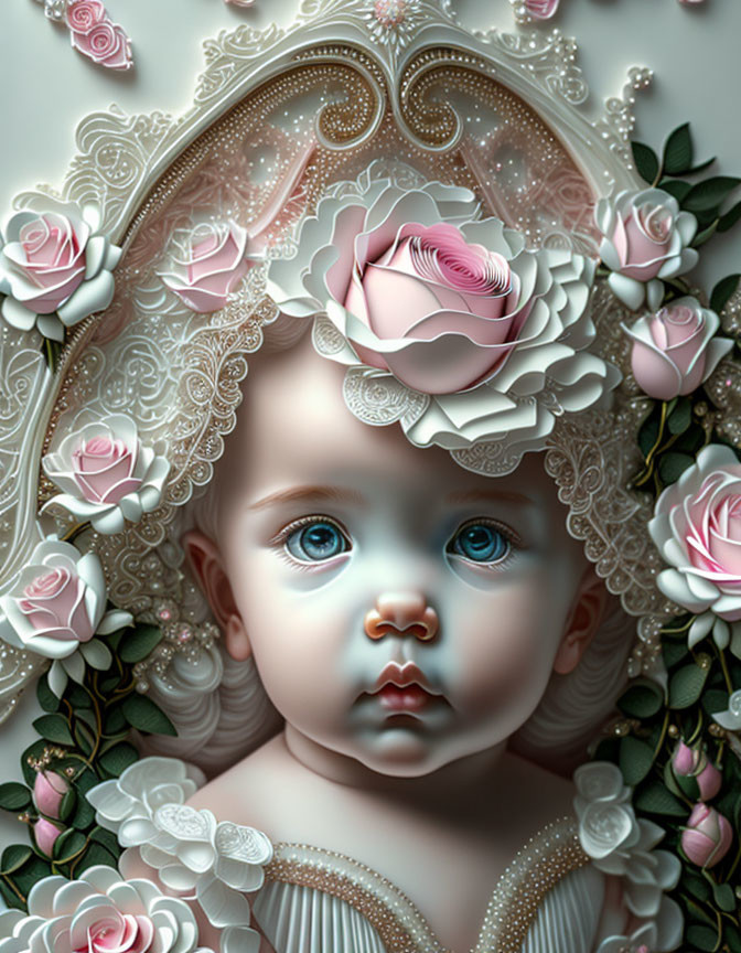 Detailed portrait of baby with lace and roses, showcasing innocent blue eyes.