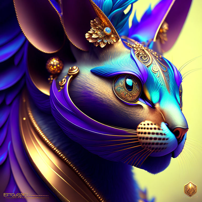 Stylized ornate blue cat with gold details and feathered headdress