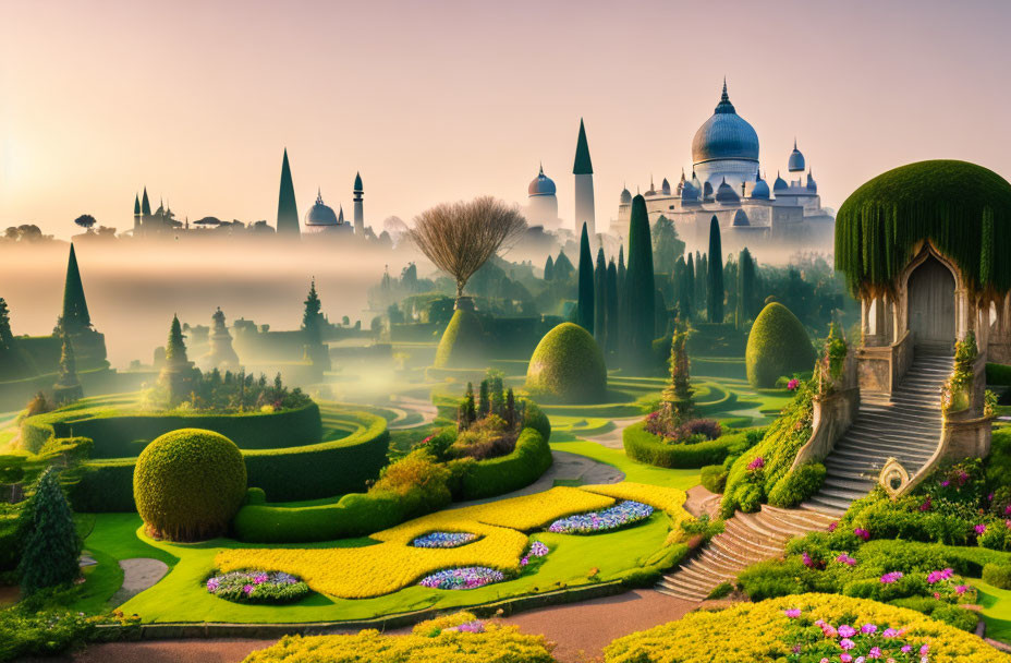 Fantastical landscape with topiary gardens and hedge mazes at dawn