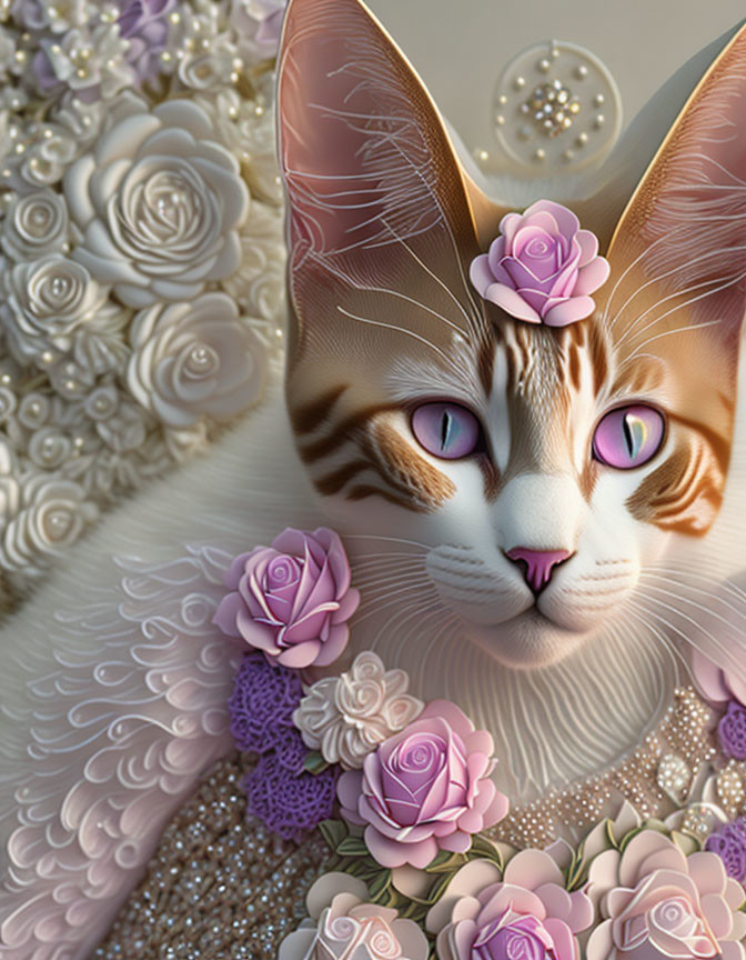 Digital Artwork: Cat with Blue Eyes and Pink Roses on Floral Background