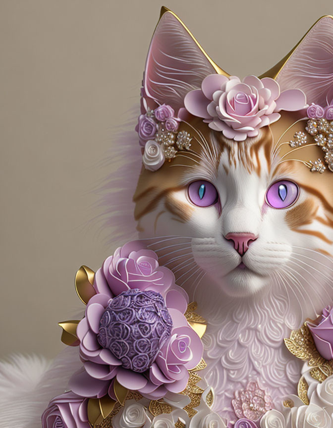 Cat with White and Tan Fur, Pink Flowers, Golden Accents, Purple Eyes