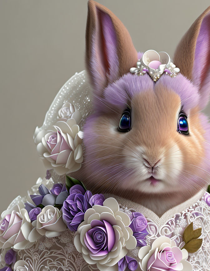 Whimsical rabbit with floral crown and lace collar illustration