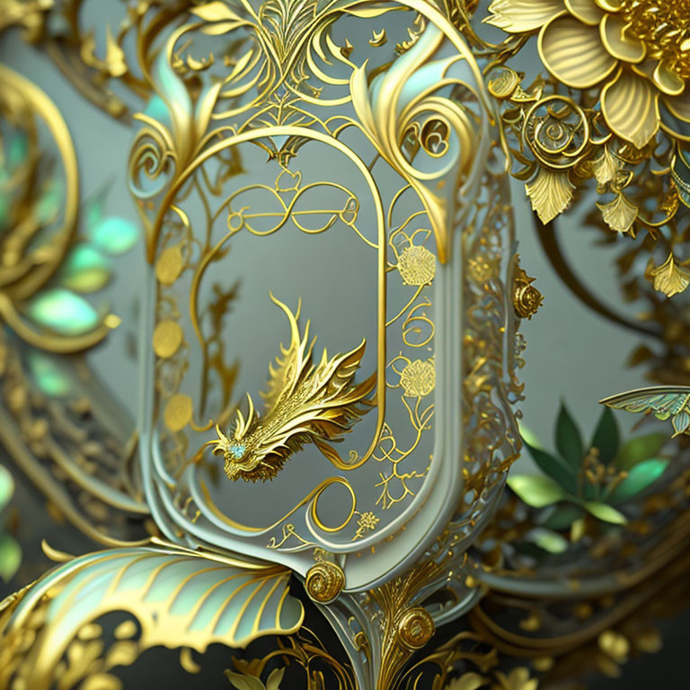 Golden frame with phoenix design and turquoise jewels on dark background