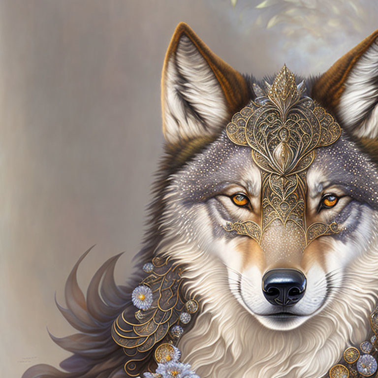 Illustrated majestic wolf with golden headpiece and white flowers on neutral background
