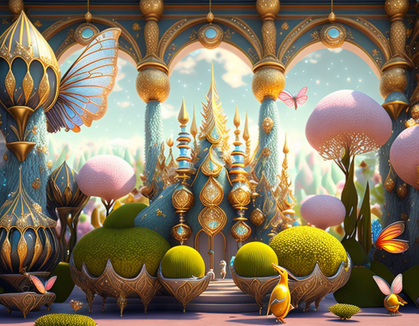 Fantastical landscape with whimsical architecture and colorful creatures