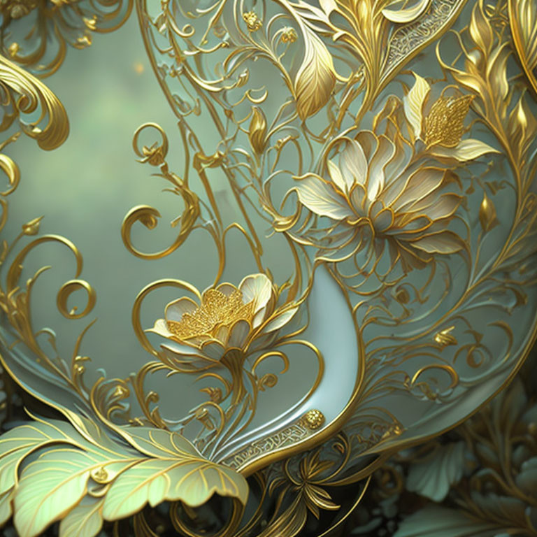 Intricate Golden Floral Pattern on Muted Green Background