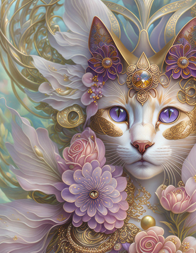 Intricate golden adorned cat surrounded by vibrant flowers