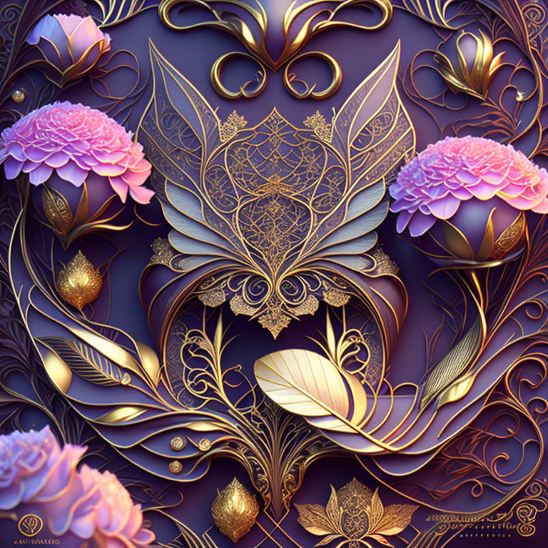 Detailed 3D golden butterfly surrounded by stylized flowers and foliage in purple and gold tones